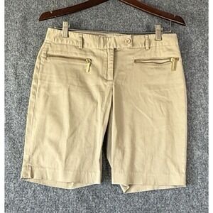 Michael Kors Women's Khaki Shorts Size 4 Gold Zipper Detail Dressy Bermuda‎